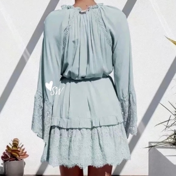 New Boho Lace Mint Floral Long Sleeve Gypsy Dress - Picture 3 of 7